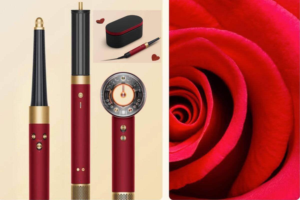 Verschiedene Dyson Haarpflegeprodukte wie Dyson Airwrap i.d.™, Dyson Supersonic™, Dyson Airstrait™ und Dyson Airwrap Co-anda2x™ sind zu sehen neben einer Rose, die Produkte sind im Valentinstag-Angebot.